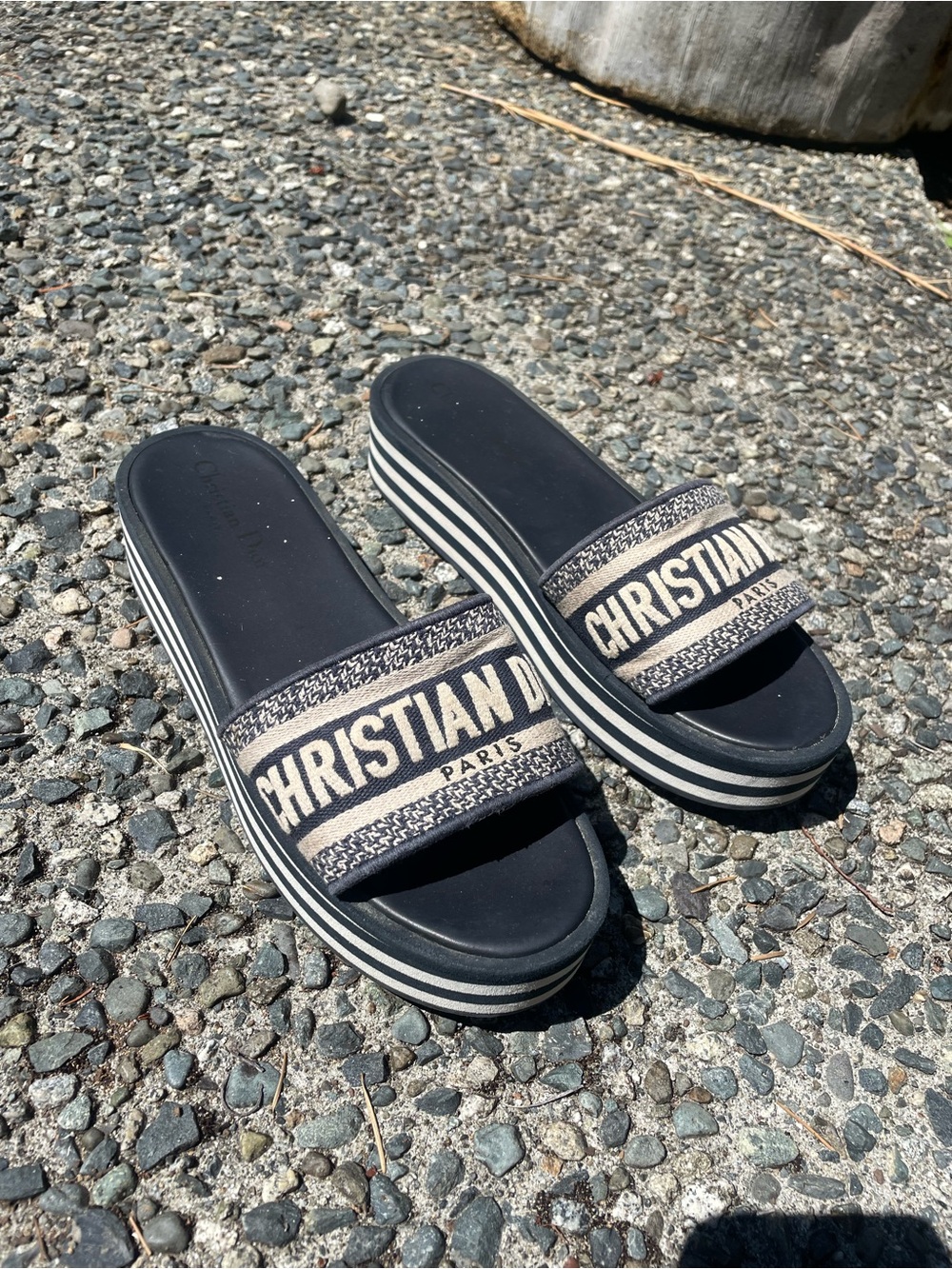 Christian Dior Navy and Cream Platform Slide Sandals - Dway limited style